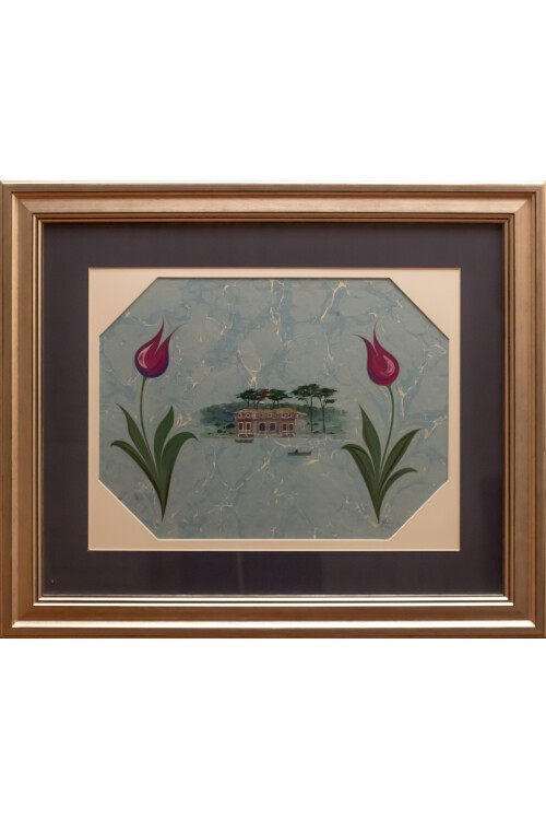 Çifte Lale Ebru Kayıklar ve Köşk Tablosu